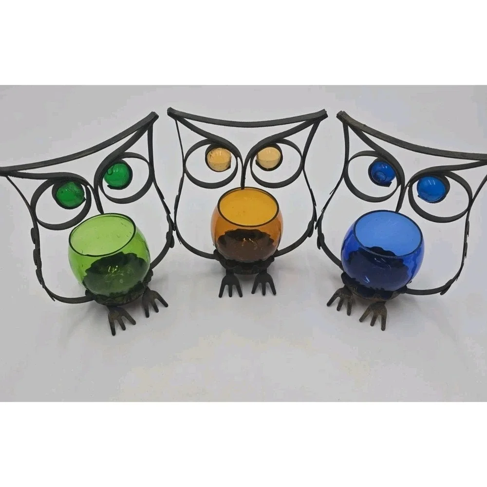 3 Metal Owl Tealight Votive Candle Holder w/Glass Candle Holder Farmhouse